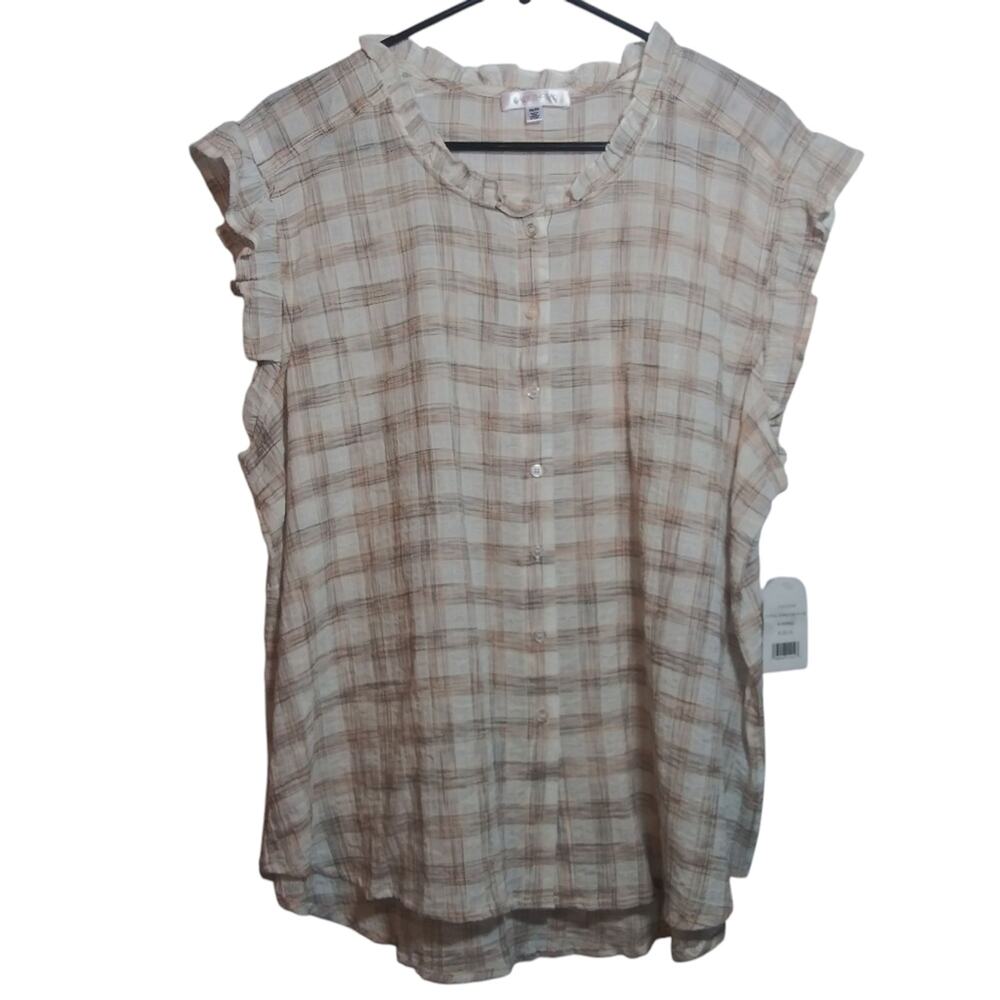 Daily Thread Coral Shadow Plaid Ruffle Sleeveless Button Front Top Casual Sz XS